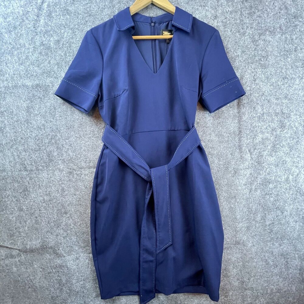 Alexia Admor Dress 12 Navy Blue Collared V-Neck Belted Simple Basic Career